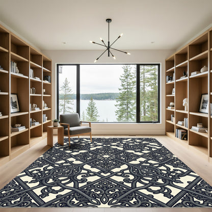 Ornate Black Interlocking Scrollwork Rug