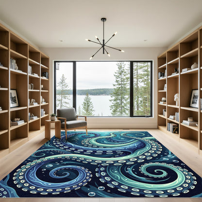 Deep Blue Teal Octopus Tentacles Rug