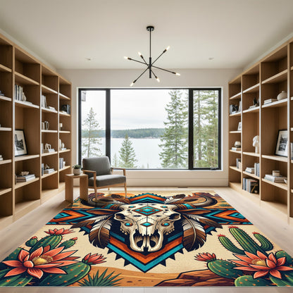 Southwestern Bull Skull Boho Diamond Rug