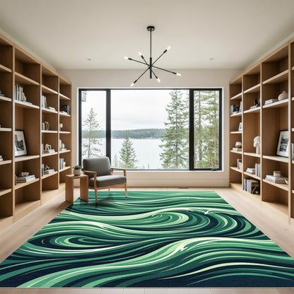 Abstract Emerald Flowing Ocean Wave Rug