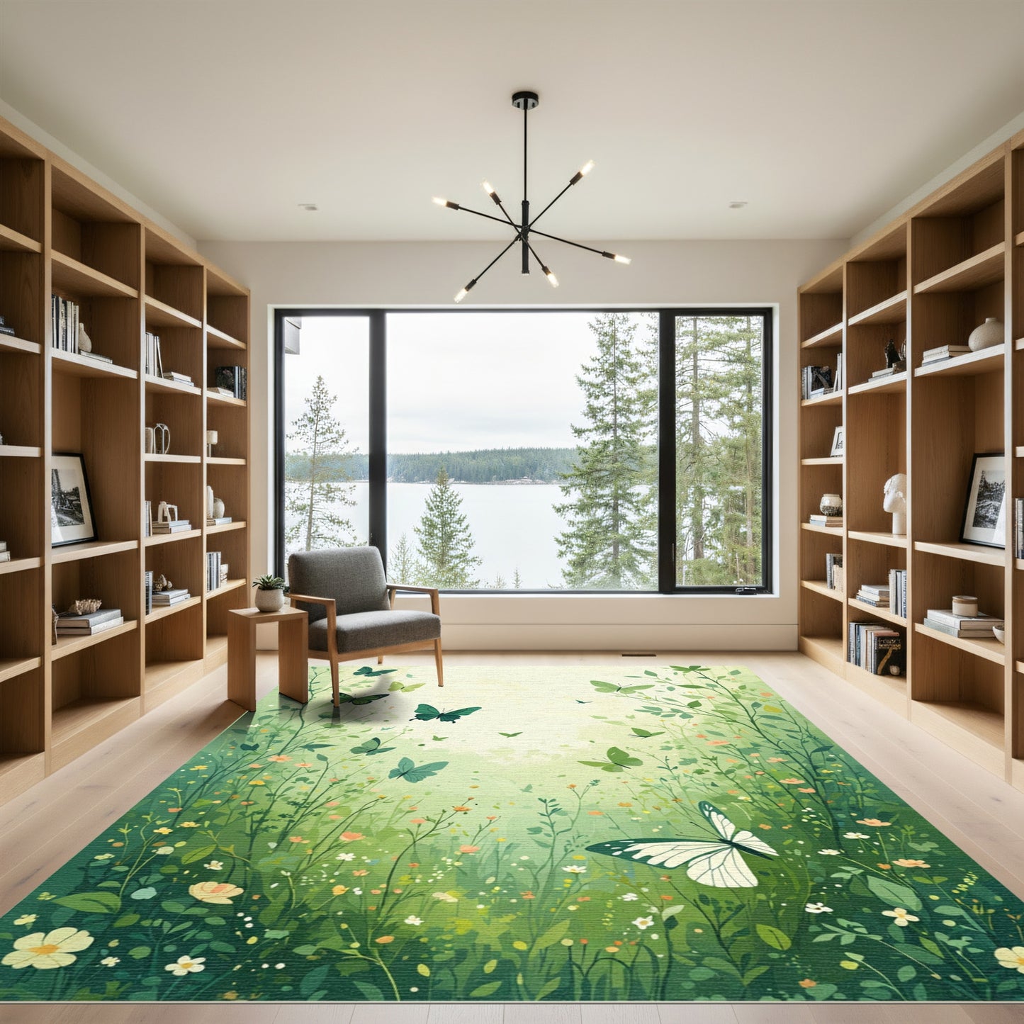 Emerald Butterflies Amidst Wildflowers Garden Rug