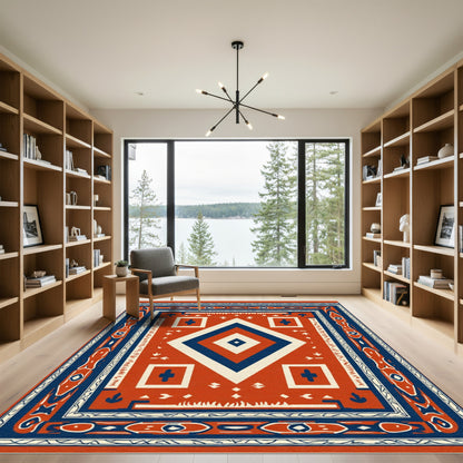 Bold Red Geometric Diamond Medallion Rug