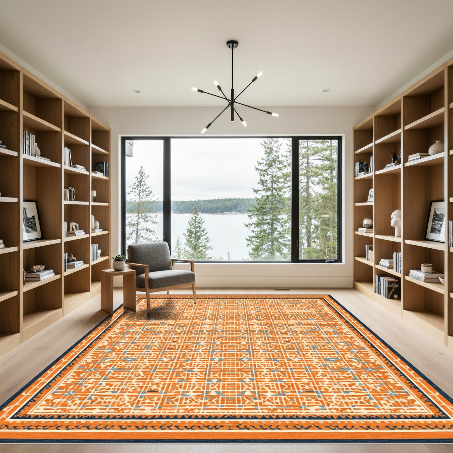 Orange Geometric Ivory Labyrinth Rug