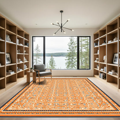 Orange Geometric Ivory Labyrinth Rug