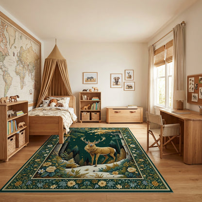Majestic Golden Stag Enchanted Forest Rug