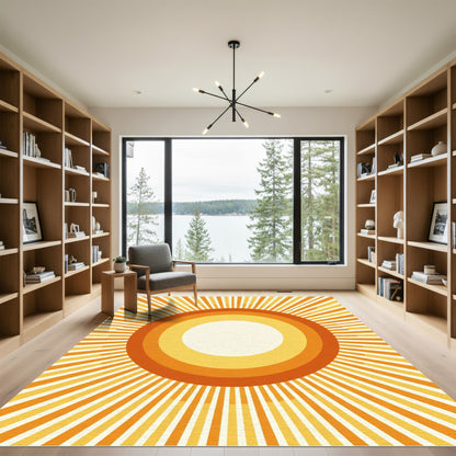 Retro Orange Sunburst Concentric Circles Rug
