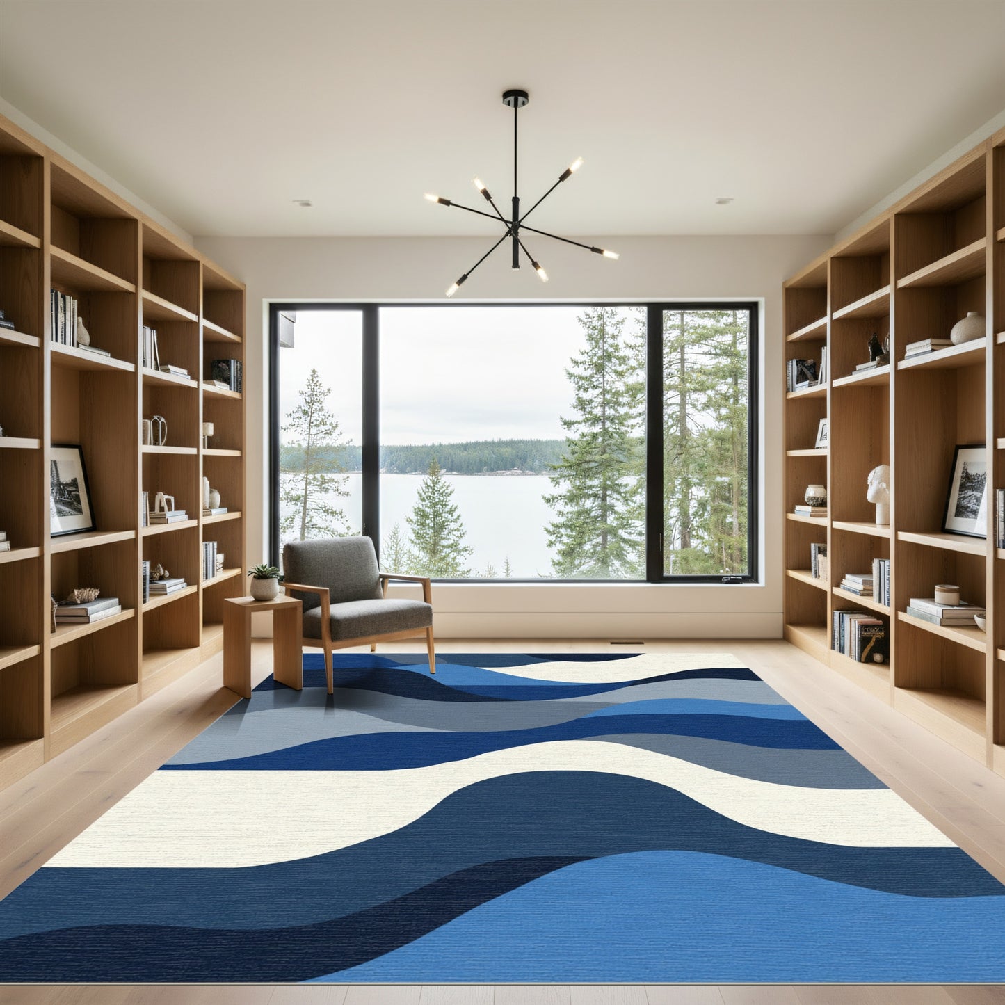 Indigo Blue Abstract Wave Layer Rug