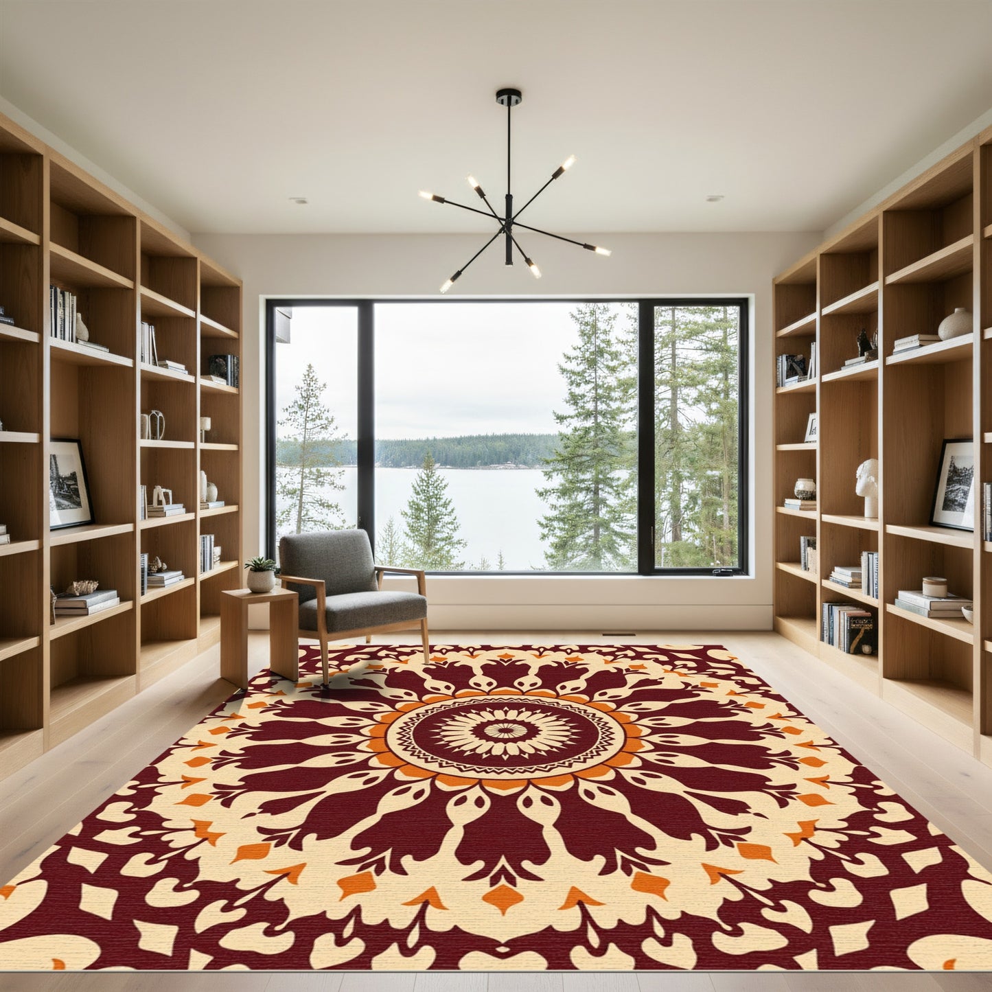 Burnt Orange Cream Floral Mandala Rug