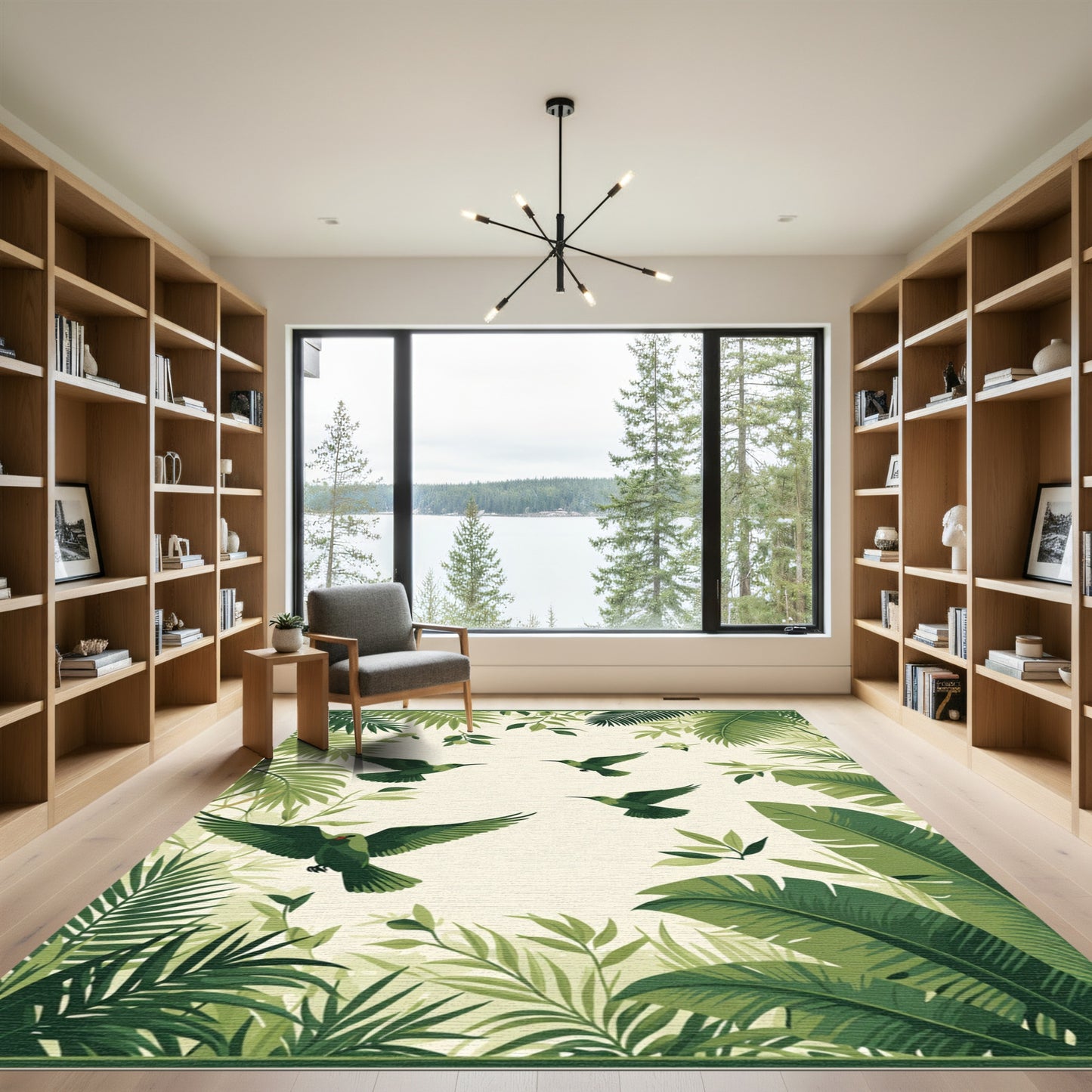 Green Tropical Birds Palm Leaves Rug