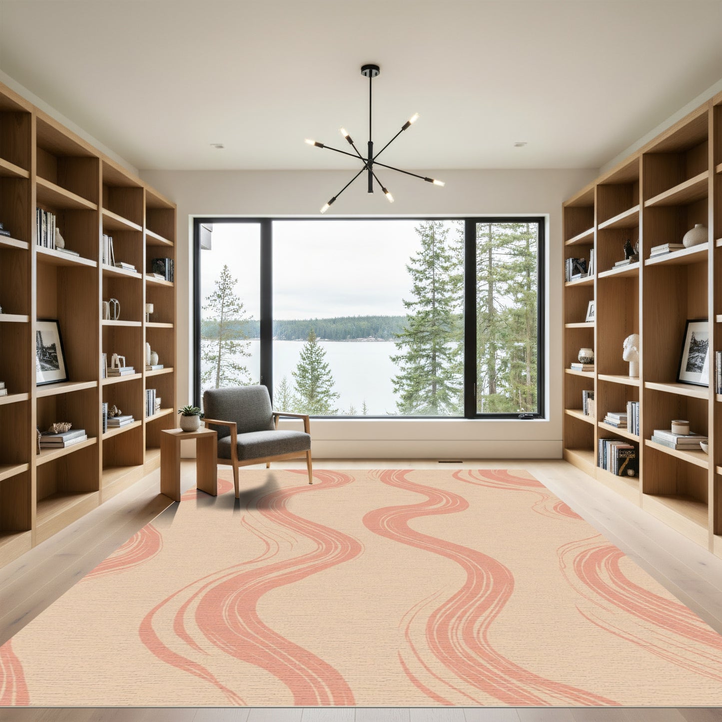 Coral Brushstroke Waves on Neutral Ground Rug