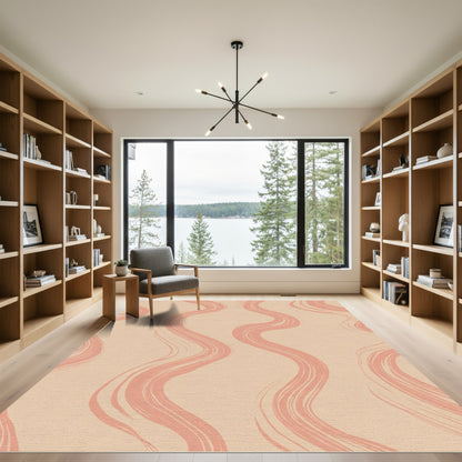 Coral Brushstroke Waves on Neutral Ground Rug