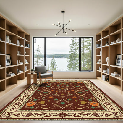 Crimson Ornate Floral Scroll Rug