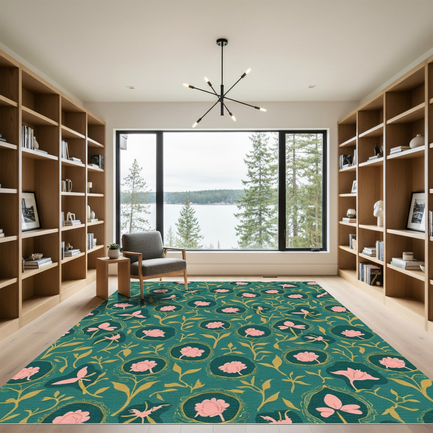 Teal Pink Floral Vine Whimsical Rug