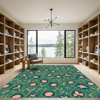 Teal Pink Floral Vine Whimsical Rug