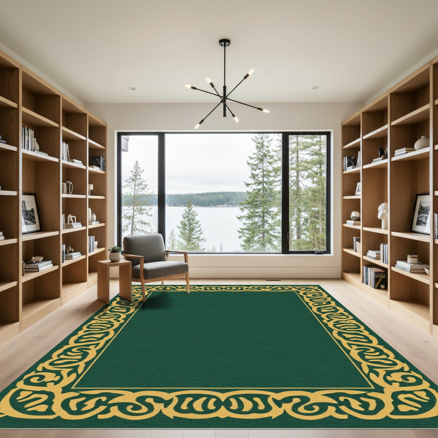 Emerald Green And Gold Scroll Border Rug
