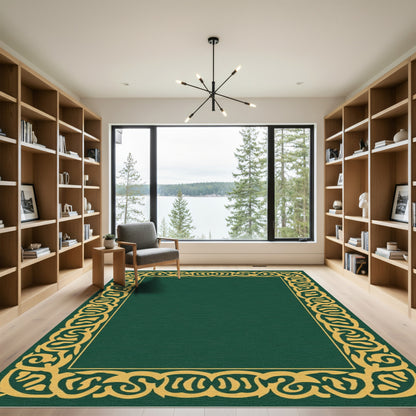 Emerald Green And Gold Scroll Border Rug