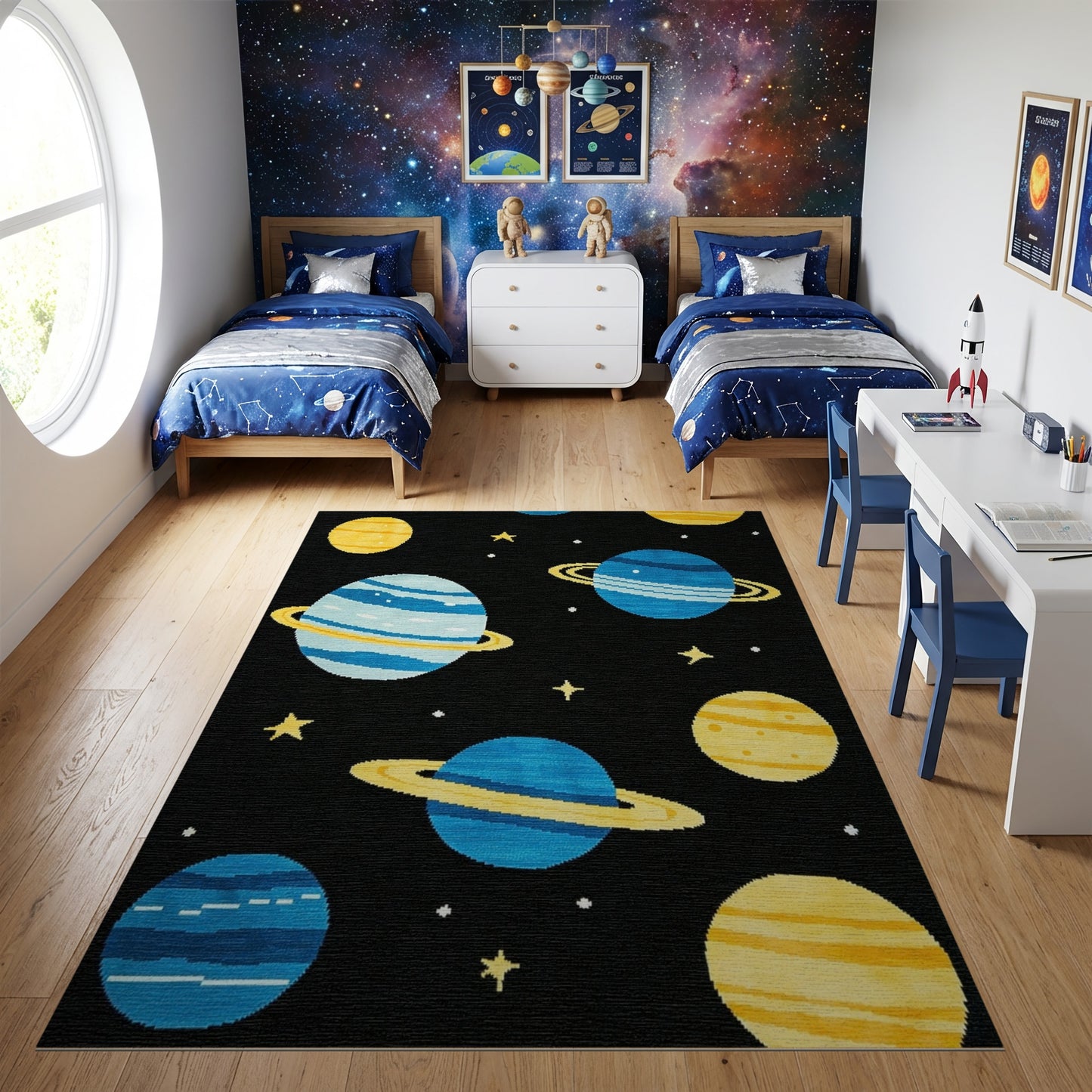 Whimsical Blue Yellow Planets Stars Rug