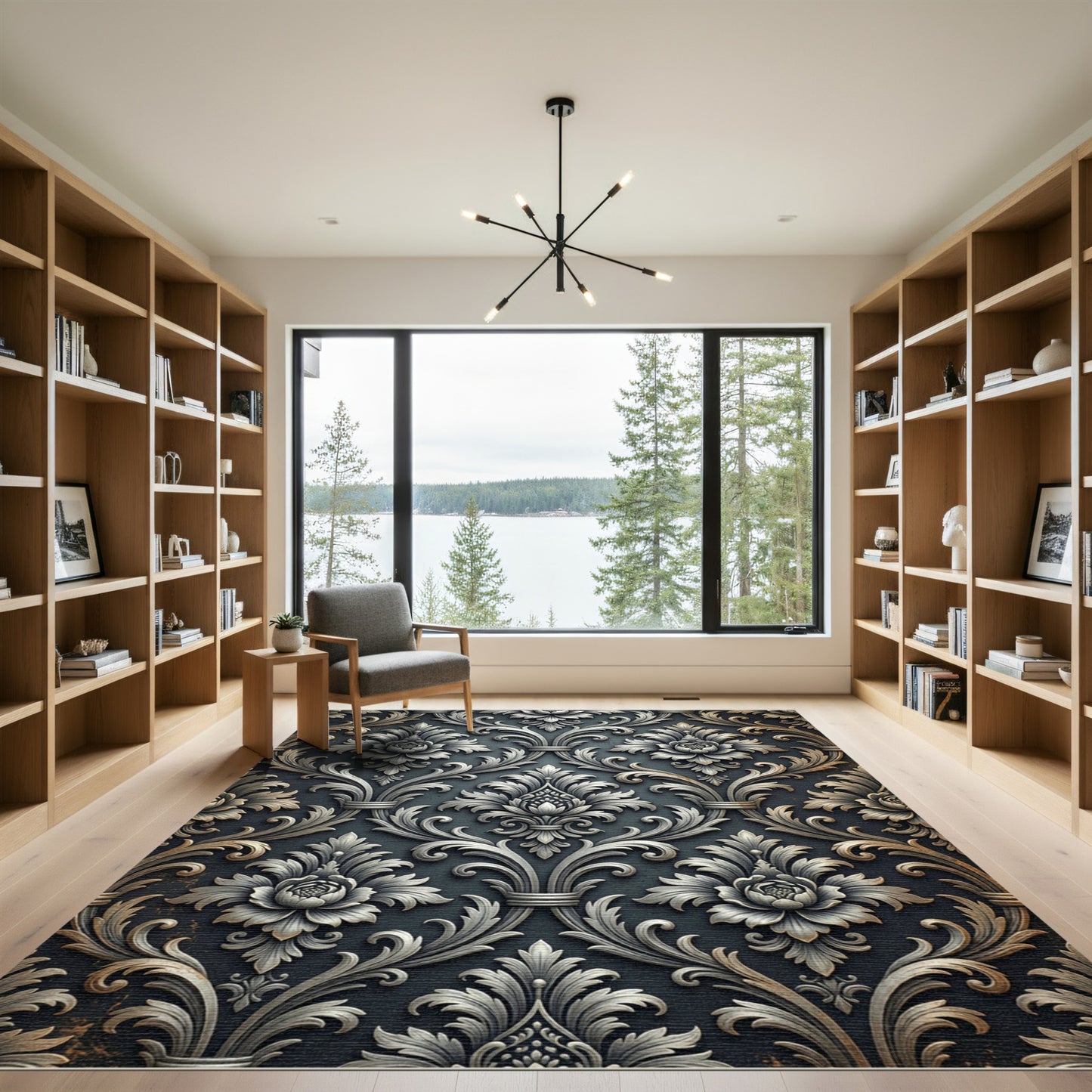 Ornate Silver Floral Damask Rug