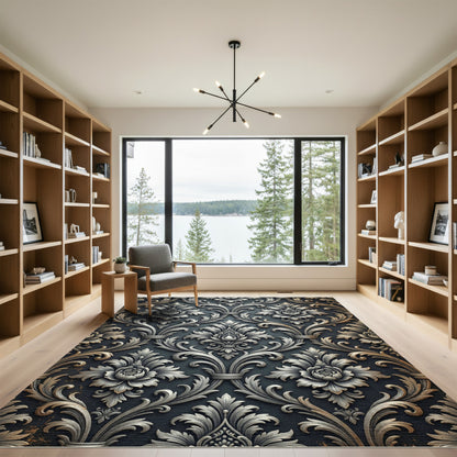 Ornate Silver Floral Damask Rug