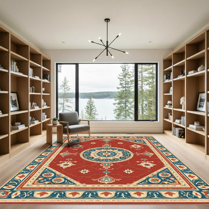 Crimson Blue Medallion Floral Geometric Rug