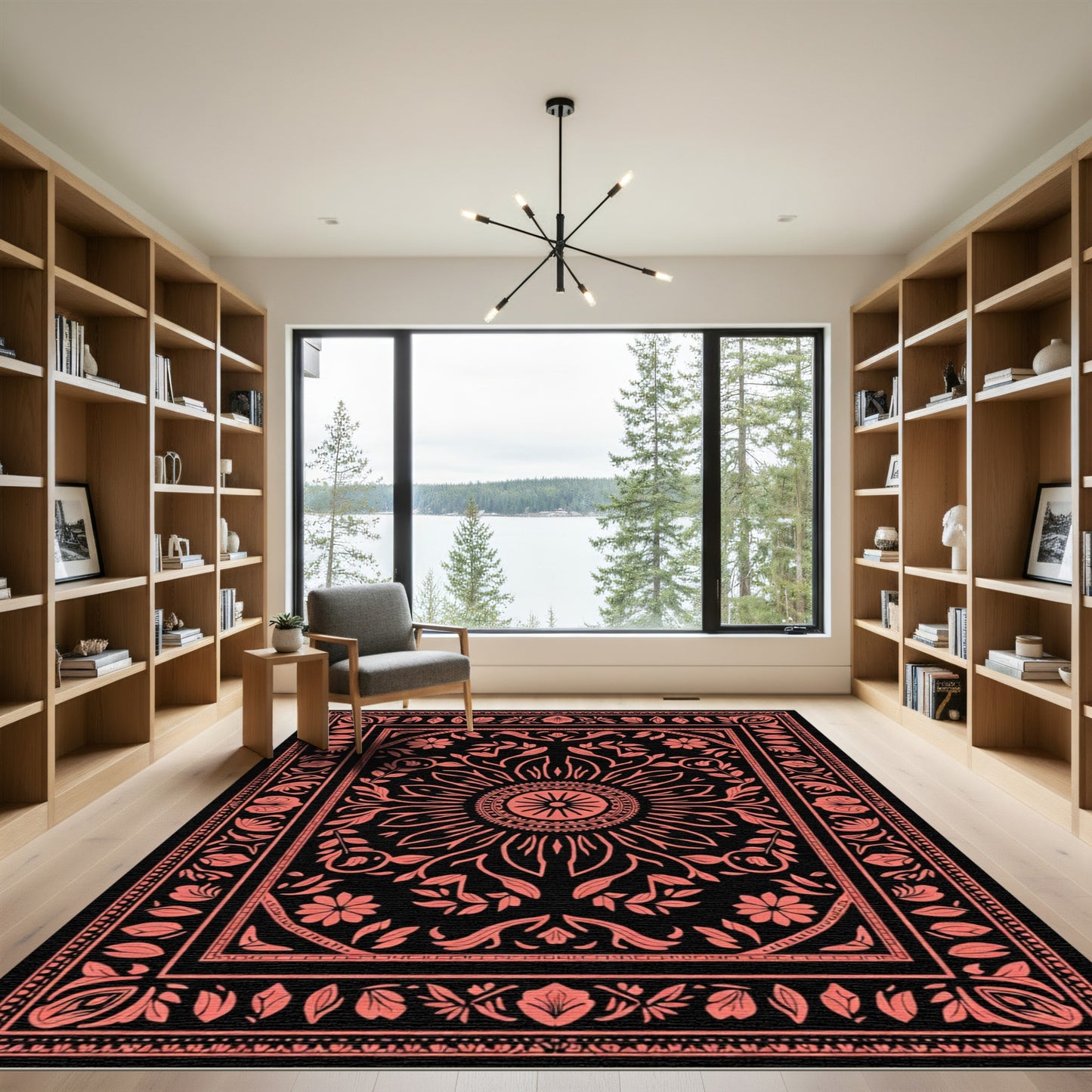 Coral Floral Sunburst Mandala Rug