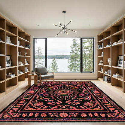 Coral Floral Sunburst Mandala Rug