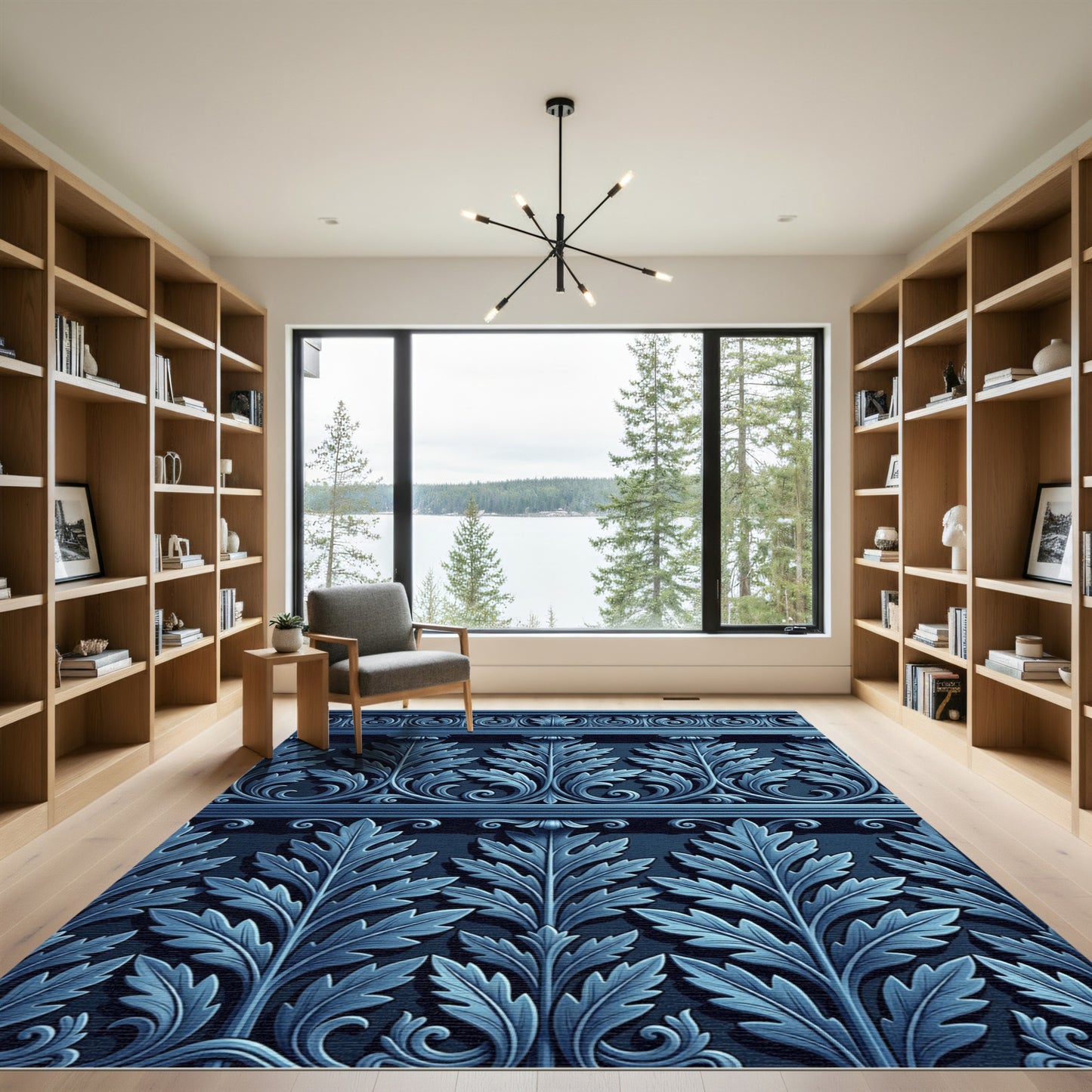Deep Blue Acanthus Leaf Scrollwork Rug