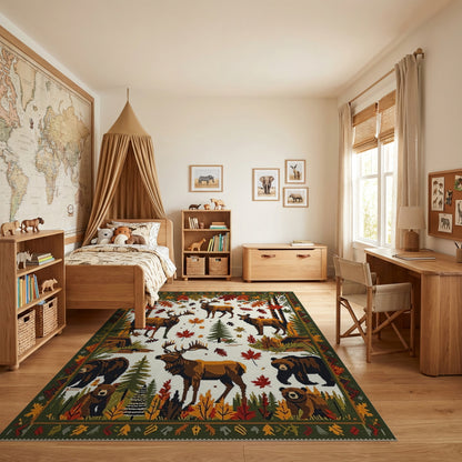 Rustic Autumn Elk Bear Forest Rug