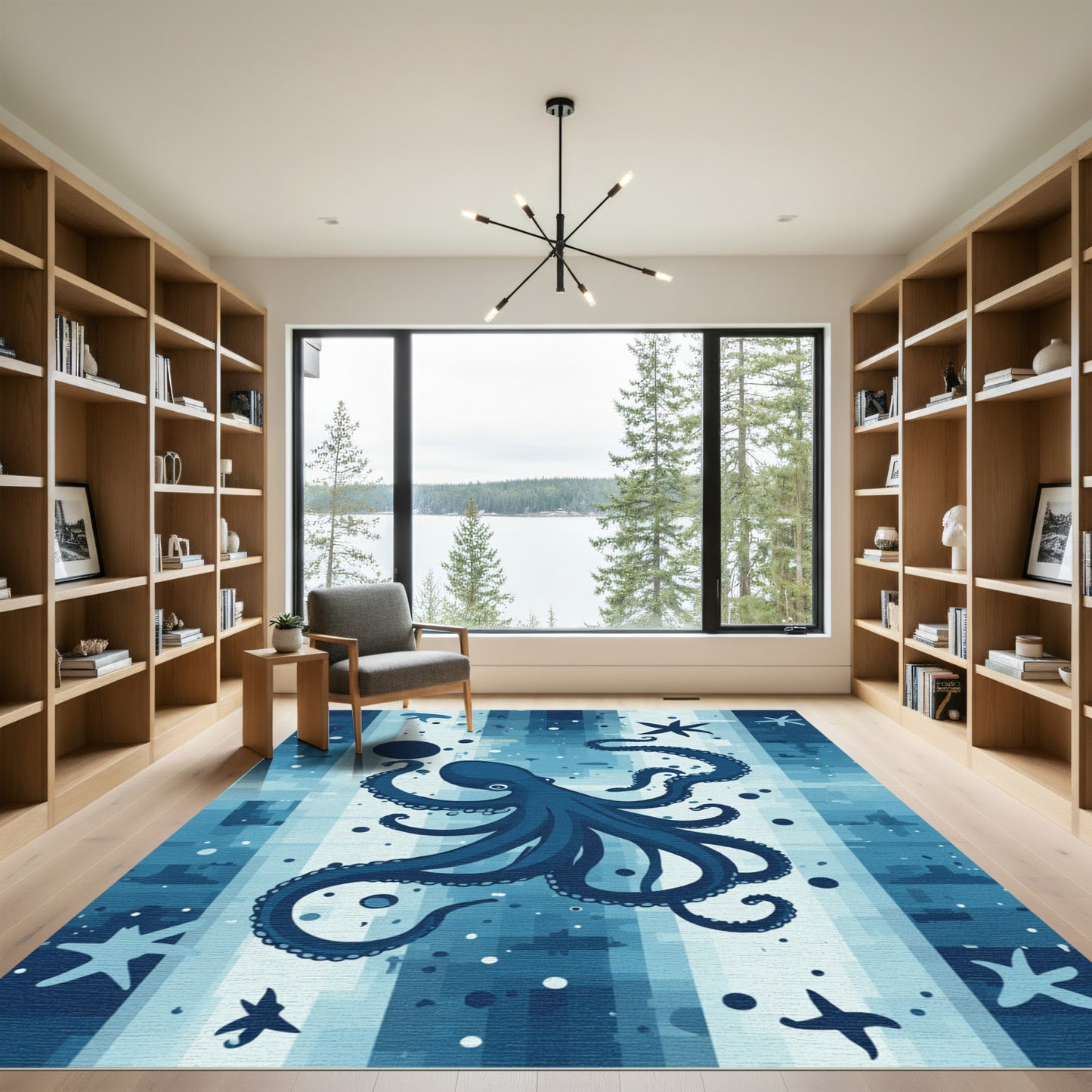 Deep Blue Abstract Octopus Starfish Rug
