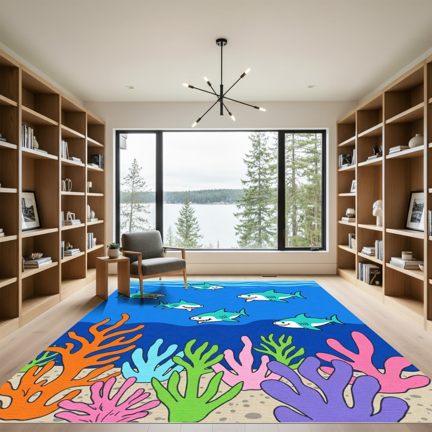 Playful Teal Sharks Coral Reef Rug