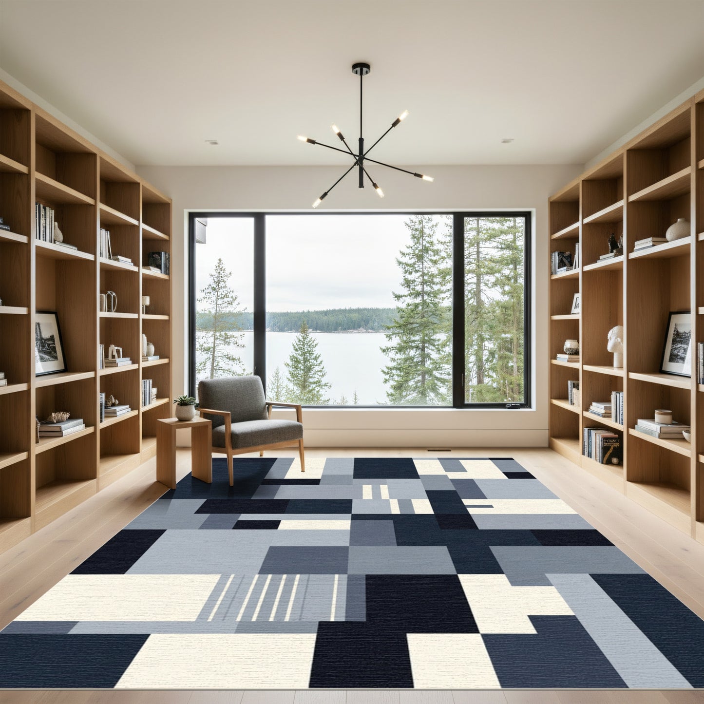 Modern Deep Blue Geometric Blocks Rug
