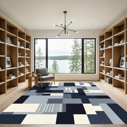Modern Deep Blue Geometric Blocks Rug