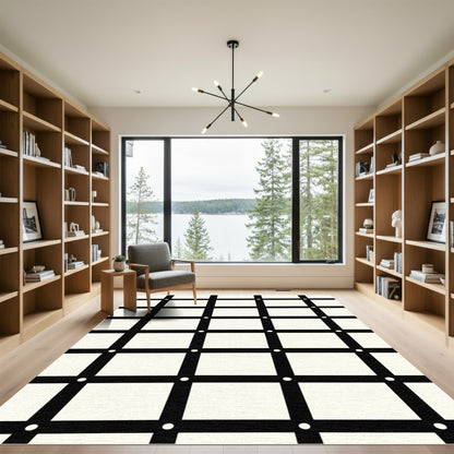Monochrome Grid With White Dot Accents Rug