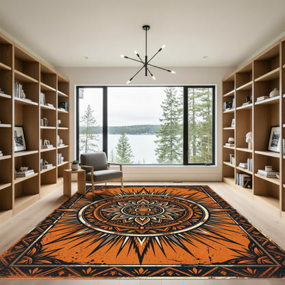 Bold Orange Sunburst Mandala Rug