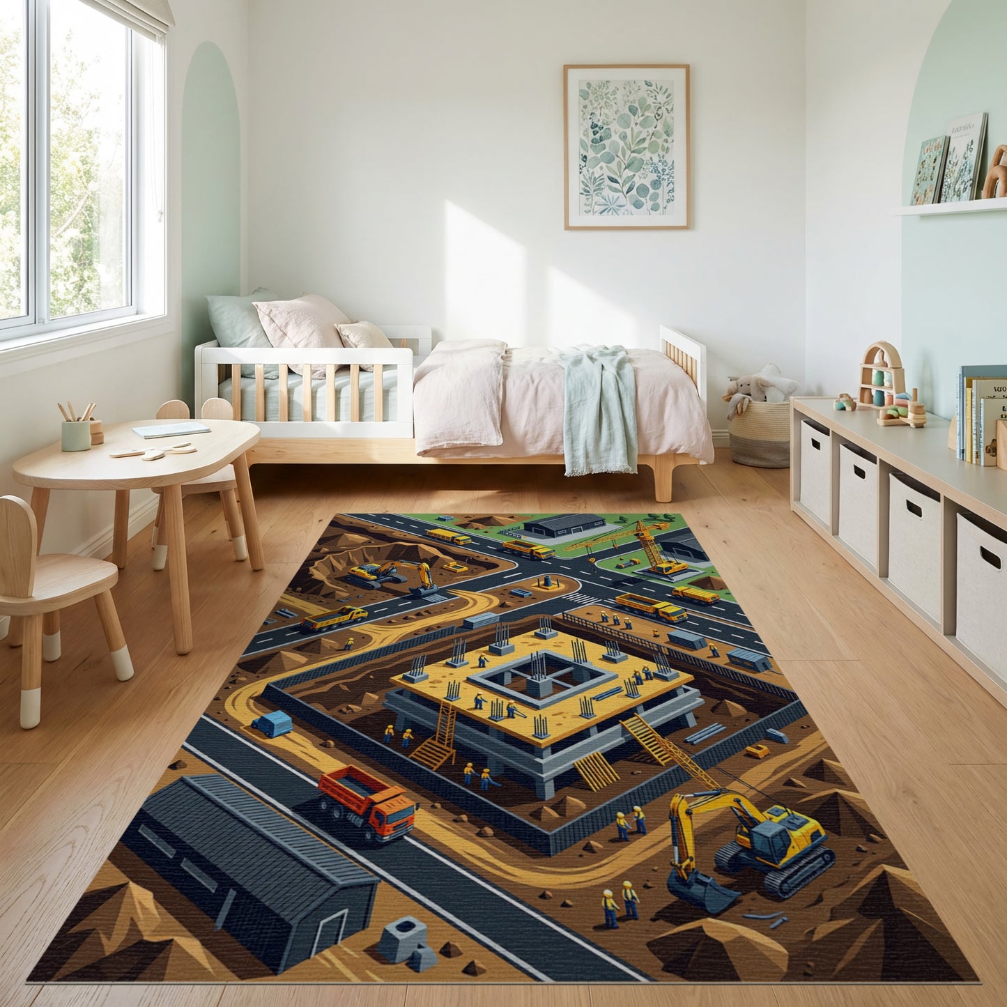 Vibrant Isometric Construction Site Rug