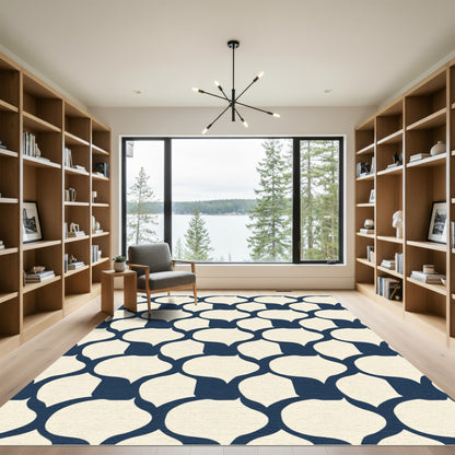 Dark Blue Cream Quatrefoil Lattice Rug