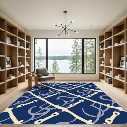 Deep Navy Cream Abstract Stipe Flow Rug