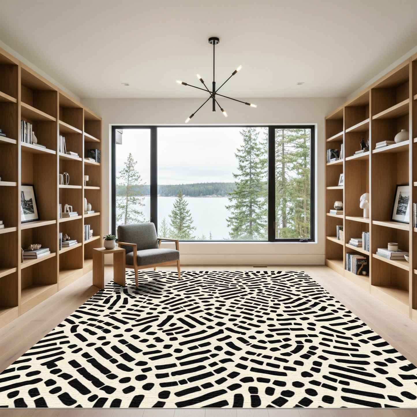 Black And Cream Interlocking Lines Rug