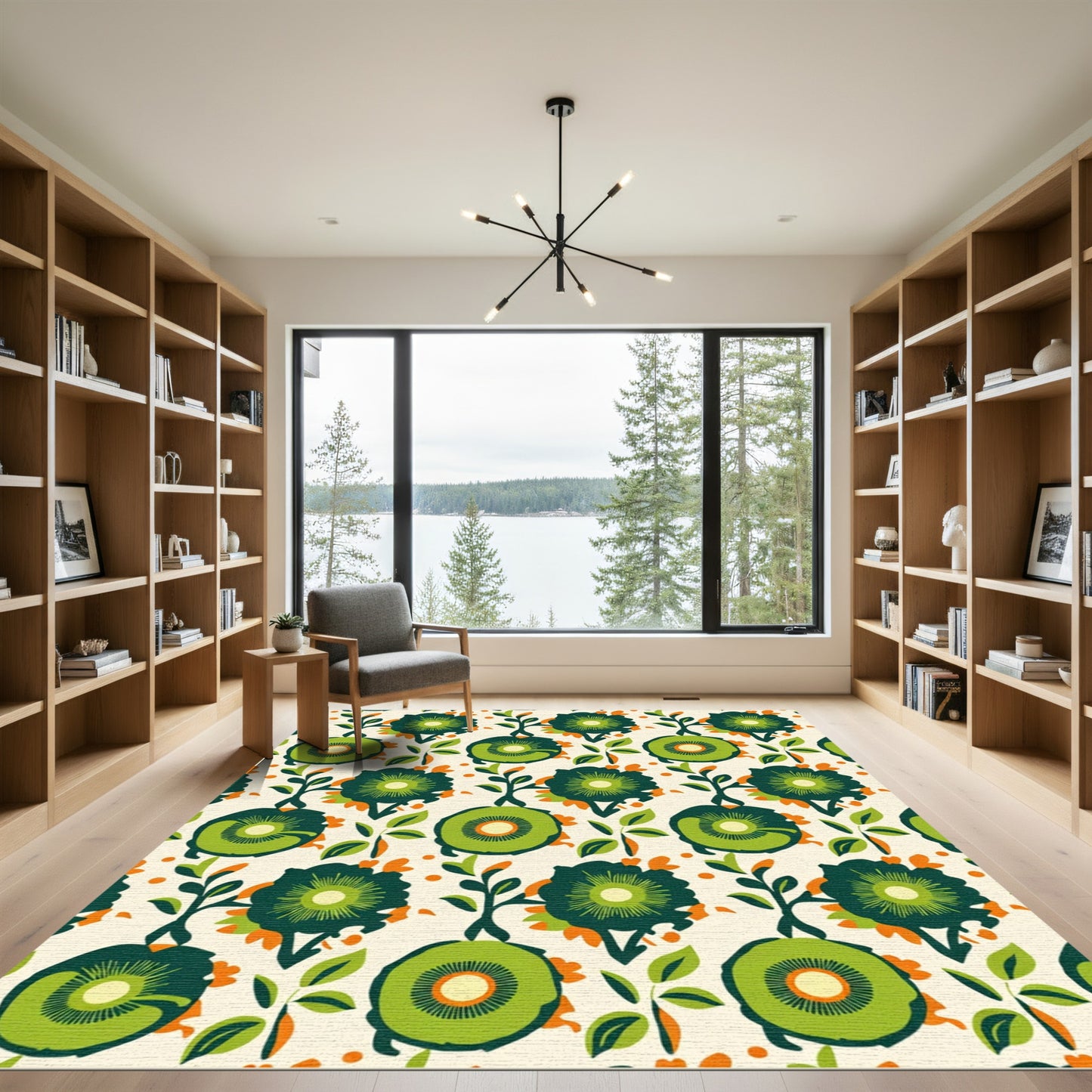 Green Orange Floral Garden Arrangement Rug