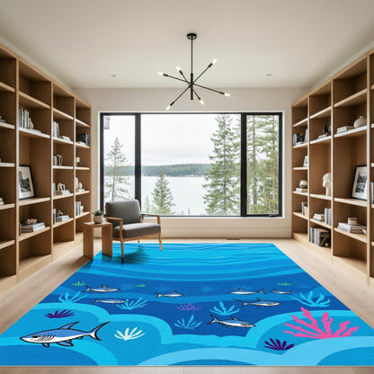 Ocean Sharks Under Deep Blue Waves Rug