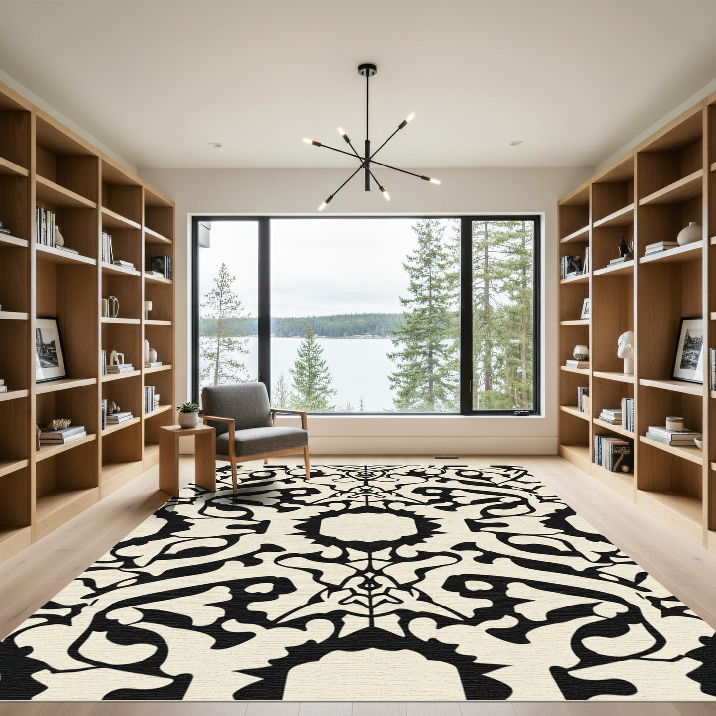 Black and Cream Ornamental Scroll Rug