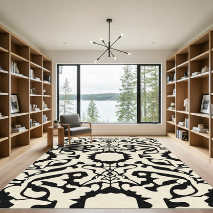 Black and Cream Ornamental Scroll Rug