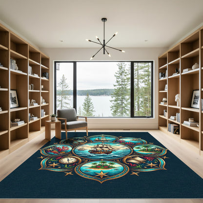 Nautical Compass Gold Marine Medallion Rug