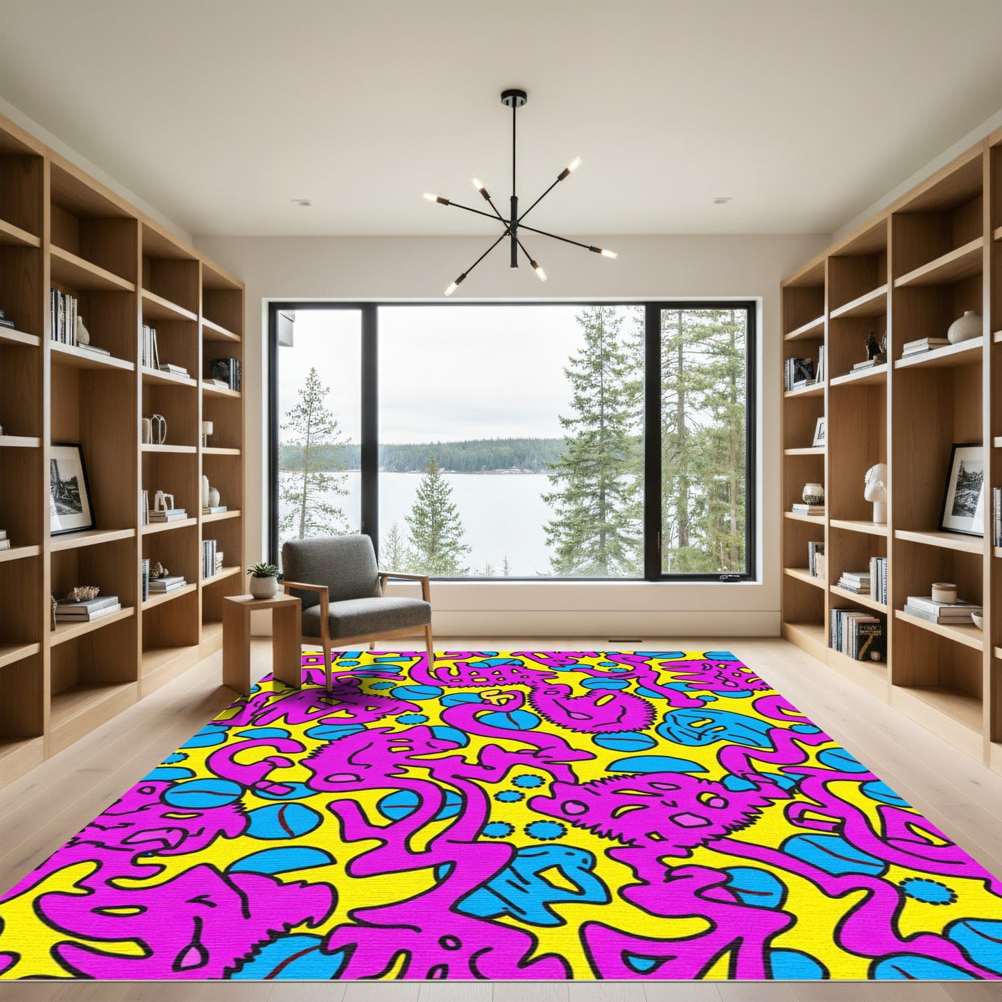 Vibrant Pink Blue Yellow Abstract Shapes Rug