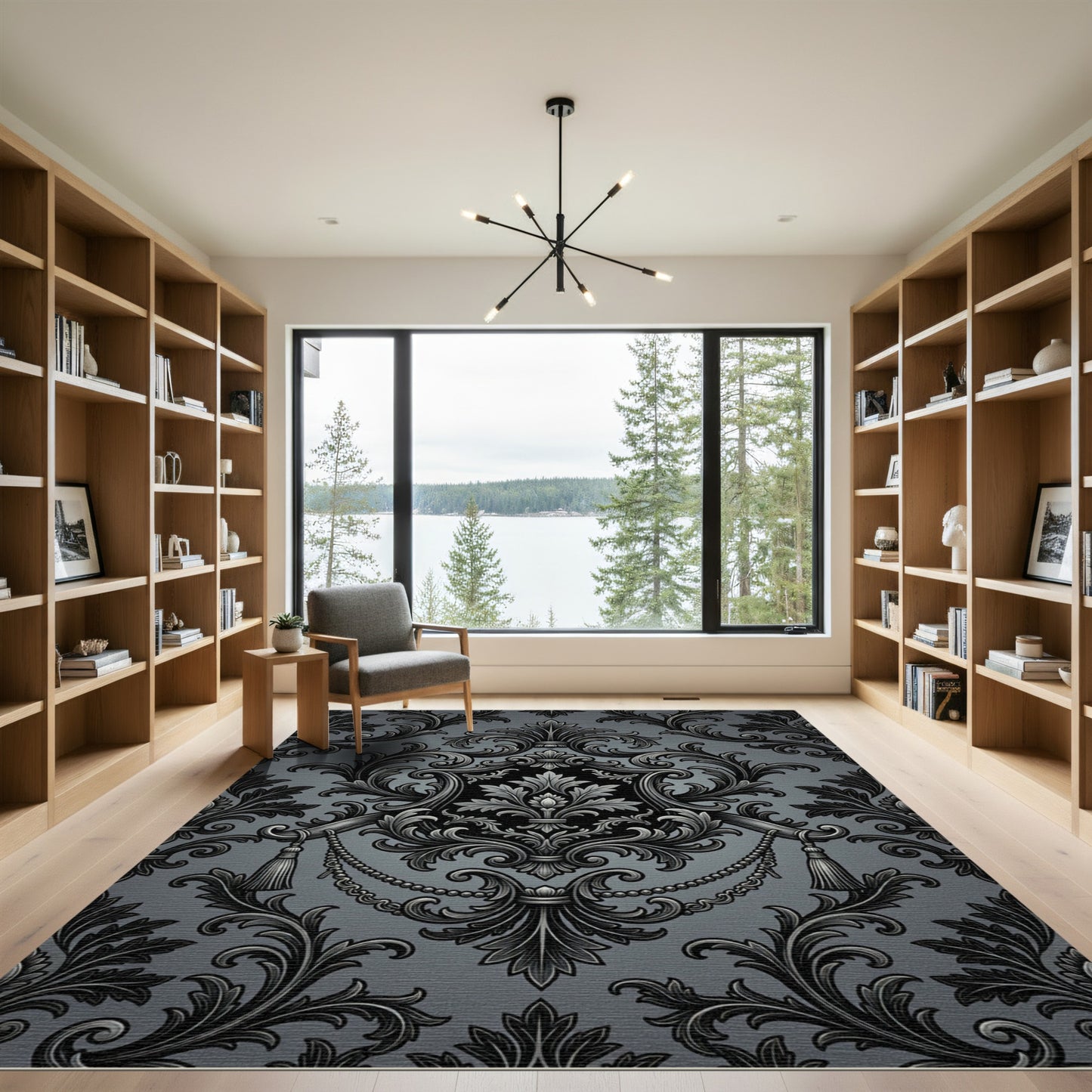 Sophisticated Charcoal Gothic Damask Medallion Rug