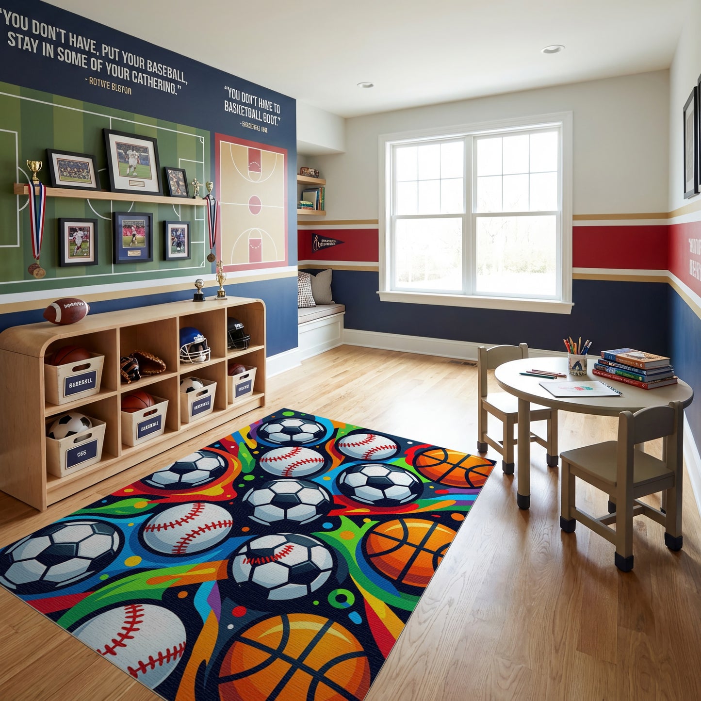 Vibrant Soccer Baseball Basketball Rainbow Rug