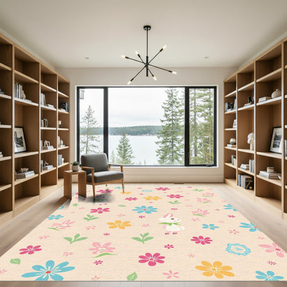 Playful Pink Blue Yellow Floral Bunny Rug