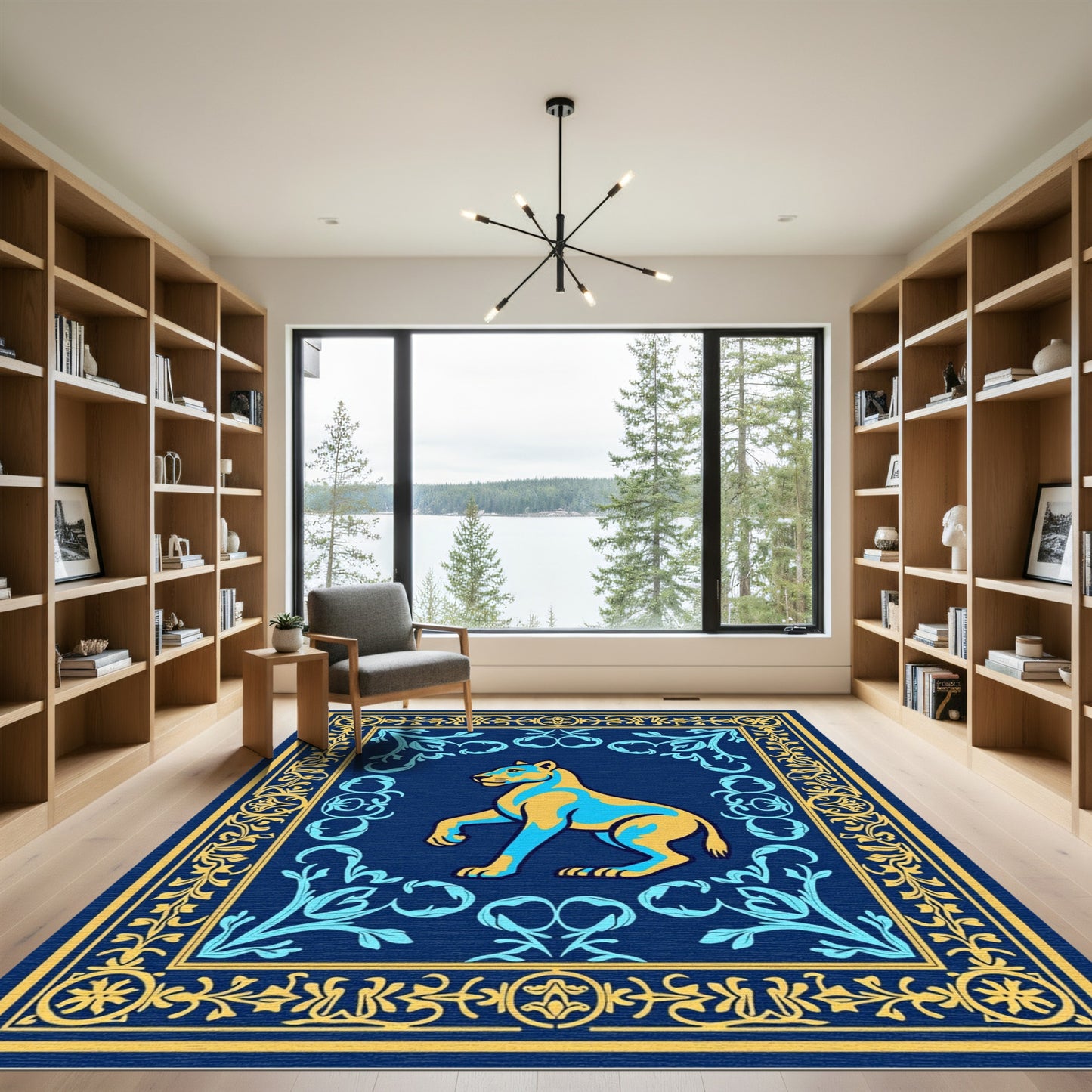 Majestic Golden Lion Blue Border Rug