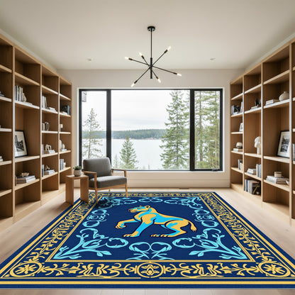 Majestic Golden Lion Blue Border Rug