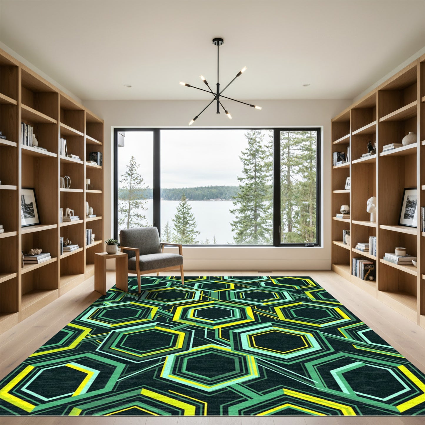 Geometric Lime and Teal Hexagon Grid Rug
